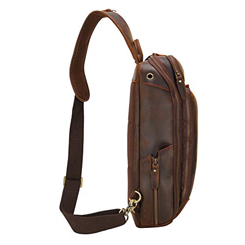 Polare Modern Style Sling Shoulder Bag Men’s Travel/Hiking Daypack with Full Grain Italian Leather and YKK Zippers - color: Small-dark Brown