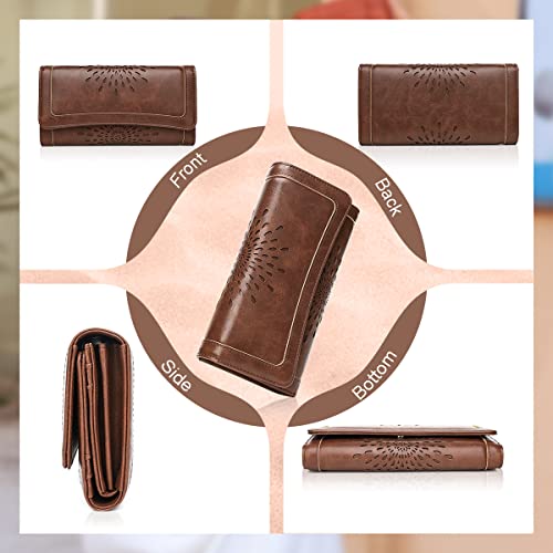 APHISON Womens Wallets RFID Blocking Leather Clutch Long Wallet for Women Card Holder Phone Organizer Ladies Travel Purse Hollow Out Sunflower Design Gift - color: coffee