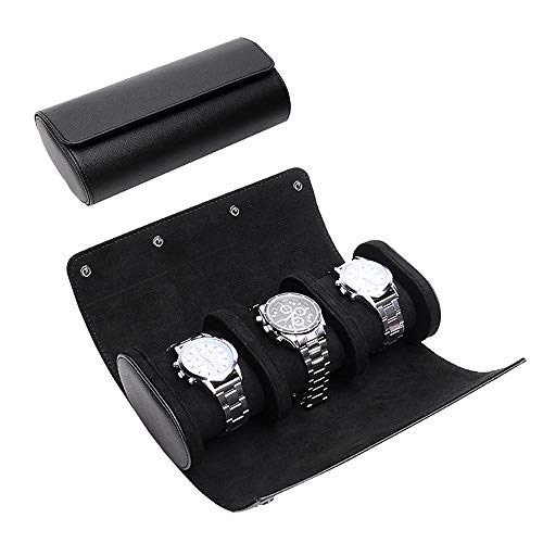 Watch Roll Travel Case for Men and Women- 3 Watch Storage and Organizer | Secure Storage with Innovative Removable Pillows & Solid Dividers for Home Storage, Travel and Display(Black Cross-3) - color: Black-3