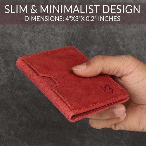 FOXHACKLE Full Grain Leather Credit Card Holder for Men and Women, Slim Bifold RFID Blocking Wallet, Thin Front Pocket Minimalist Wallet, Small Card Case. - color: Hunter Red