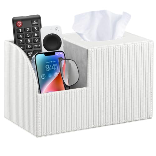 PU Leather Square Tissue Box Cover - Multi-Functional Tissue Box Holder | Tissue Box Cover with Storage,Tissue and Remote Control Holder,Cube Tissue Box Organizer Bedroom Nightstand End Table - color: White Rome