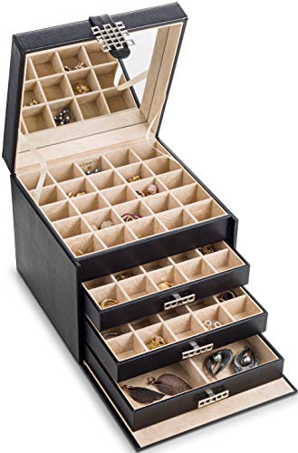 Glenor Co Earring Organizer Holder - 75 Small & 4 Large Slots Classic Jewelry Box with Drawer & Modern Closure, Mirror, 4 Trays Earrings, Ring or Chain Storage - PU Leather Case - Black - color: Black