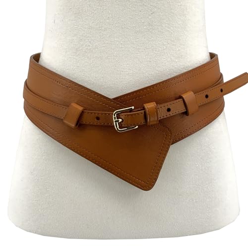 Women Wide Waistband, High and Low Waist Full Grain Leather Skinny Boho Concho Belt - color: Tan, size: 32"(fits 30”-34”)