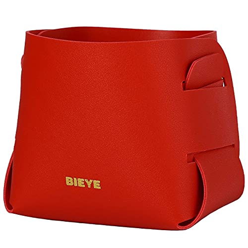 Bieye LSB004 Collapsible Leather Storage Bin Decorative Desk Organizer for Jewelry Makeup Pen Pencil Glasses Remote Controller Storage (Red, 4" WX4 LX4 H) - color: Red