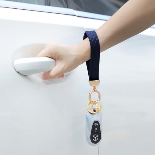Weixiltc Quilted Leather Wristlet Keychain, D-Ring Car Key Holder | Quilted faux leather & gold hardware. D-ring for car keys + 2 split rings. Hands-free, anti-loss for commute & travel - color: Navy