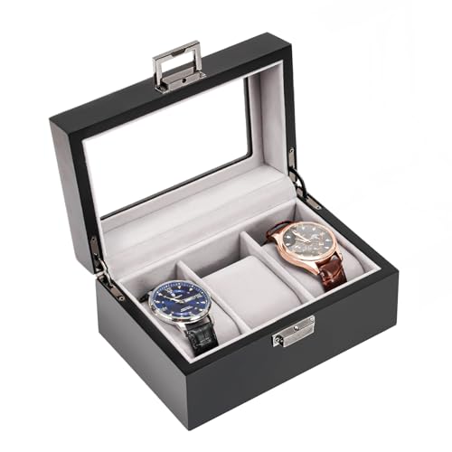 ProCase Wooden Watch Box, 3 Slot Mens Watch Display Case, MatteBlack | Wood Watches Holder Storage Organizer with Clear Lid, Anniversary Christmas Birthday Gift for Dad Friend Father Men Women - color: Black, size: 3-Slot