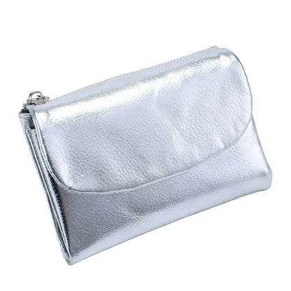 Unisex Pebble Leather Wallet, 5.3In Short Genuine Leather Coin Card Holder, Unisex Clutch Bags, Can Hold Coins, Id Cards - color: Silver