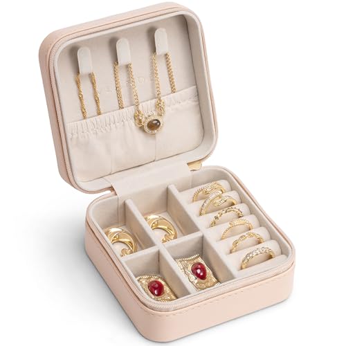 VLANDO Travel Jewelry Case, Compact Design, Necklace Hook, Anti-Tangle | Removable Dividers, Waterproof PU Leather, Scratch-Resistant Lining, Portable Storage for Rings, Earrings, Necklace，Bracelet - color: K.Nude Pink