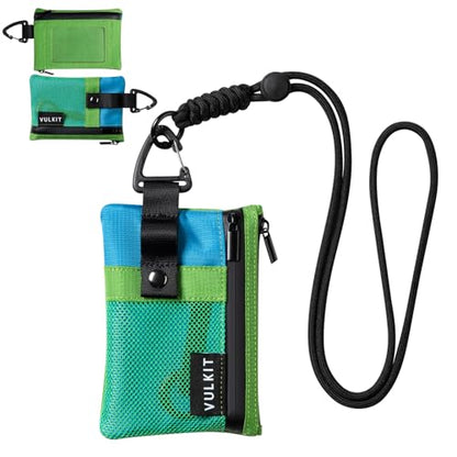 VULKIT Small Minimalist Wallet for Women and Men RFID Blocking, Zipper Coin Pouch with ID Window and Keychain, Water Resistant Travel Lanyard Wallet Green Blue - color: Green-blue
