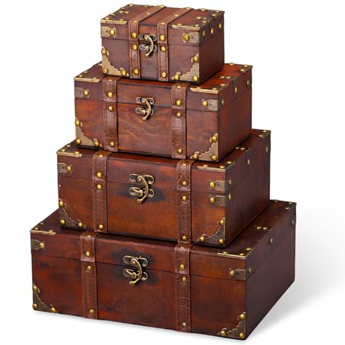 Yousoontic 4 Pack Wooden Storage Box Wood and Leather Treasure Chest with Lid and Lock Vintage Decorative Wooden Storage Box for Birthday Travel Vintage Wedding Gift(Retro Style) - style: Retro