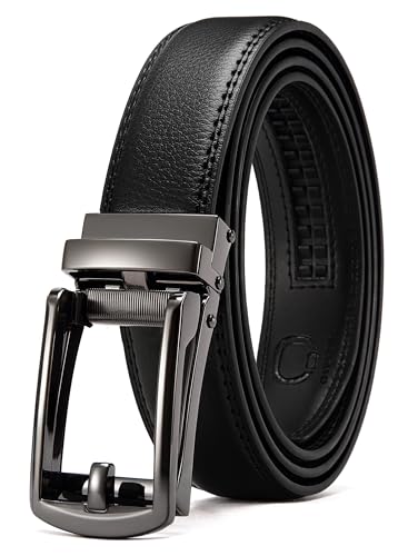 CHAOREN Mens Dress Belt - 1 1/4" Leather Ratchet Belt Comfort Click | Trim to Fit, Micro-adjustable, Scratch Resistant Buckle, Pairs with Dress Shoes, Formal Suits, Tuxedo, Wedding, Gift Box - color: Gun, size: 28" to 34" Waist Adjustable