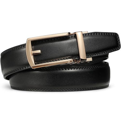 Founders & C Mens Ratchet Belt Leather Click 1 1/4" with Slide Buckle, Casual Dress Belt Adjustable - color: Gold/Black, size: 32" to 38" Waist Adjustable