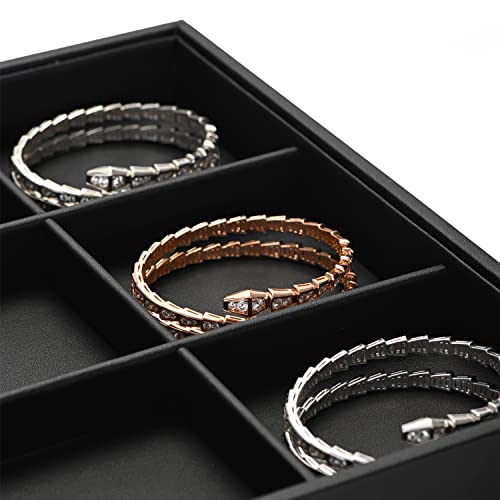 Black PU Leather 12-Grid Flat Jewelry Display & Organizer Tray | Black PU leather 12-grid divided jewelry tray, separate compartments for rings, necklaces, watches, retail & dresser display - style: 12 Grids