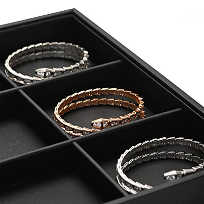 Black PU Leather 12-Grid Flat Jewelry Display & Organizer Tray | Black PU leather 12-grid divided jewelry tray, separate compartments for rings, necklaces, watches, retail & dresser display - style: 12 Grids