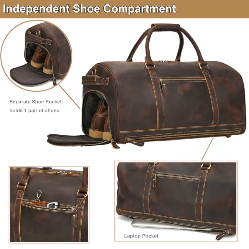 Genuine Leather Weekender Duffel Bag with Separate Shoe Compartment Carry On Travel Overnight Gym Bag, Coffee Brown