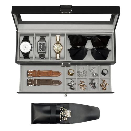 Watch Box and Watch Storage Bag Set,3 Compartment Watch Display Box with Drawers and a Portable Watch Case, Men's Watch Box with Glass Lid, 2 Tier Jewelry and Watch Organizer - style: 3 watches-Black-Gray