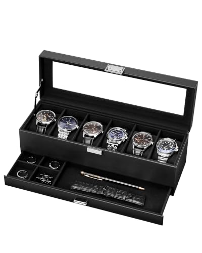 Lolalet 6-Slot Watch Case for Men, Mens Jewelry Box with Glass Lid -Black | Watch & Jewelry Box with Drawer, Easy-Clean PU Leather, Soft Removable Pillow, Home Organizer&Display, Dust-Proof, Men's Gift - color: All Black, size: 6-slot