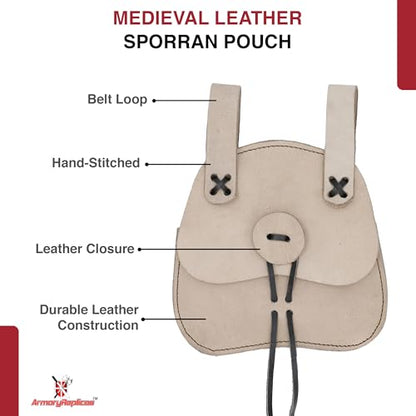Medieval Leather Sporran Pouch – Durable 5oz Leather with Sinch Loop Closure for Cosplay, Fairs, Reenactments & Outdoor Activities – Fits Belts up to 2.125" - color: Natural