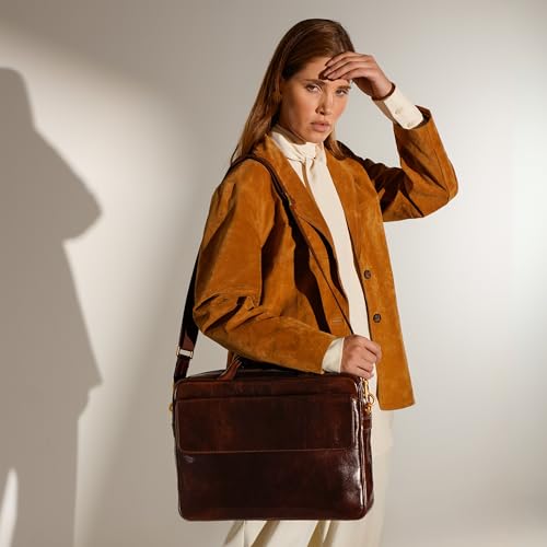 Time Resistance Leather Briefcase - Italian Handmade Leather Laptop Bag - Handbag for Men - Professional Computer Case - color: Brown