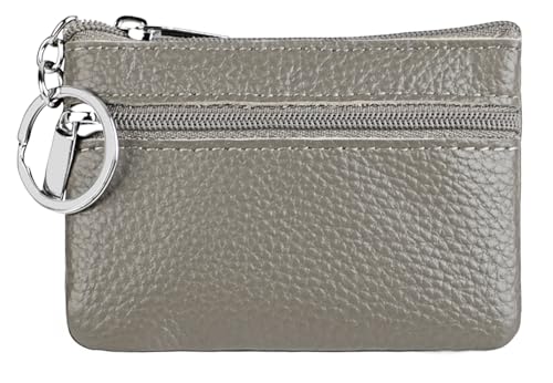 Women's Leather Small Coin Purse with Keychain, Mini Card Holder Case (Grey) - color: Grey