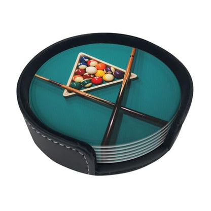 Billiards Leather Drinks Coasters with Holder, Set of 6, Suitable for Various Cups - color: Billiards