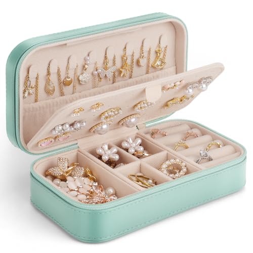 DesignSter Travel Jewelry Box, PU Leather Portable Jewelry Case, Small Jewelry Boxes for Gifts, Travel Jewelry Organizer for Women Rings Earrings Necklaces Bracelets (Mint Green) - color: Mint Green