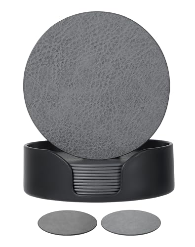 Leetaltree Reversible Leather Coasters Set of 18 with Holder, 4" Round Waterproof Heat-Resistant Non-Slip Cup Mats for Coffee Table, Bar, Dining Room - color: Mist Grey, size: Set of 18