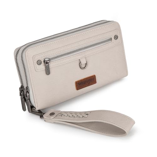 Montana West X Wrangler Large Wallet For Women Ladies Female Double Zipper Pocket Wallet with Rfid Blocking Lining Phone Wristlet Clutch with Smooth Zipper and Multiple Pocket - color: Light Gray
