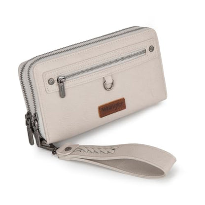 Montana West X Wrangler Large Wallet For Women Ladies Female Double Zipper Pocket Wallet with Rfid Blocking Lining Phone Wristlet Clutch with Smooth Zipper and Multiple Pocket - color: Light Gray
