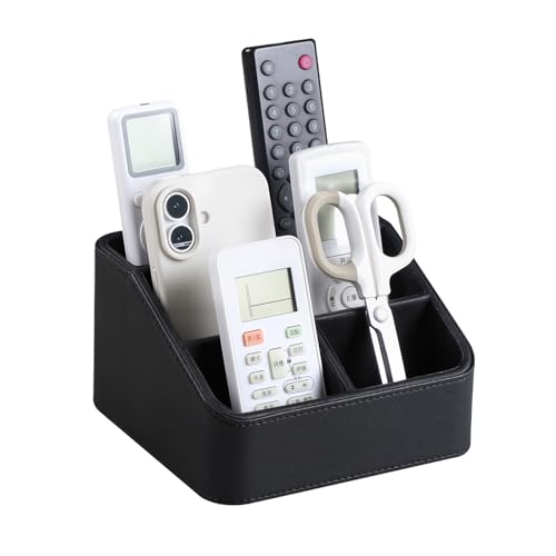 PU Leather Remote Control Holder, Nightstand Organizer with 4 Compartments | Luxury Desk Caddy with Velvet Lining, Small Desk Organizer for Living Room, Bedroom, Bedside, End Table, 6.8" x 6.7" x 4" - color: Black