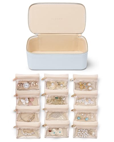 VLANDO Jewelry Storage Case with 12 Clear Velvet Zipper Pouches,Baby Blue | Travel Luggage Storage,Rings,Bracelets,Earrings Storage,Women Girls,Bridesmaid,Anniversaries Gift - color: D.12PCS Baby Blue