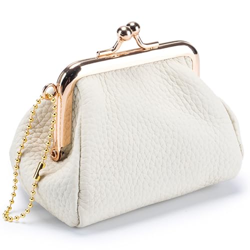 Genuine Leather Coin Purse for Women, Cute Mini Lipstick Holder Case, Small Vintage Kiss Lock Jewelry Storage Organizer Change Bag Pouch (Creamy White) - color: Creamy White