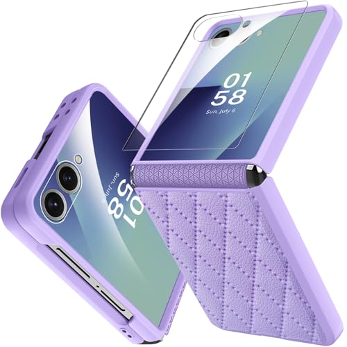 Miimall for Samsung Flip 7 Thin Cases with Screen Protector, Shock-Proof & Spine Hinge Protection, Leather Non-Slip Grip Slim Girly Womens Funda para Case for Galaxy ZFlip7 2025 Cover, Purple - color: Purple