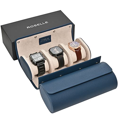 Genuine Leather Watch Roll Travel Case - Watch Roll Case For 3 Watches | Luxury Lining - Protect, Travel,Store,Gift & Display Fine Watches (3 slot Blue) - color: Blue / White-3