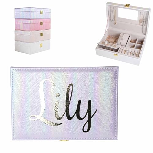 Customizable Rainbow Leather Box with Mirror, Jewelry Case, Jewelry Organizer, Jewelry Box for Women and Girls, Jewelry Organizer (Purple Rainbow) - color: Purple Rainbow