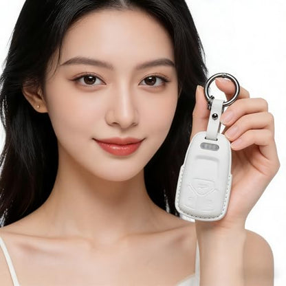 for Audi Key Fob Cover Genuine Leather with Keychain,Leather Key Case Protector Compatible with Audi A4 Q7 Q5 TT A3 A6 SQ5 SQ7 R8 S5 Smart Key Anti-dust Full Protection - style: White