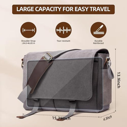 Messenger Bag for men Laptop Bag UnisexRetro Canvas Bag14-15.6 inches Casual single shoulder bag For Work College Travel - color: Grey