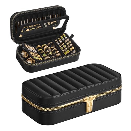 SONGMICS HOME Travel Jewelry Case, Portable Box Organizer with Mirror | Small Jewelry Box, 8.1 x 4.1 x 2.4 Inches, PU Surface with Stitching, Gift Idea, Ink Black, ANAH Collection UJBC180B01 - color: Ink Black, size: 8"W