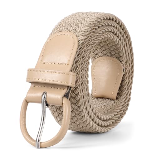 JASGOOD Women Braided Woven Elastic Stretch Belt Leather Covered Buckle Canvas Plus Size Belt for Jeans Pants - color: Beige, size: Fit Size 33"-36"