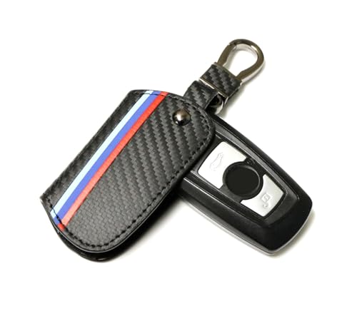 iJDMTOY Iconic 3-Color Stripe Black Carbon Fiber Pattern Leather Key Holder with Keychain Compatible With BMW 1 2 3 4 5 6 7 Series X3 Remote Fob - style: Compatible With 2 3 4 5 6 7 Series X1 X3 X4