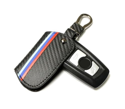 iJDMTOY Iconic 3-Color Stripe Black Carbon Fiber Pattern Leather Key Holder with Keychain Compatible With BMW 1 2 3 4 5 6 7 Series X3 Remote Fob - style: Compatible With 2 3 4 5 6 7 Series X1 X3 X4