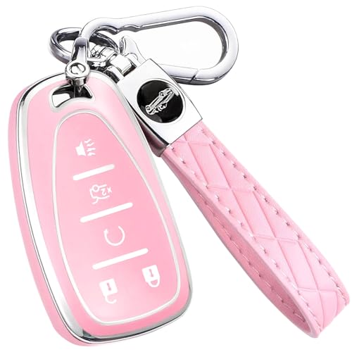 Key Fob Cover for Chevy - Premium Soft TPU Shell Full Protection Case with Keychain, Fits Equinox Malibu Traverse Cruze Blazer Camaro Trailblazer Spark Sonic Volt Bolt Trax, Pink 5-Button - color: Pink, size: 5 Buttons