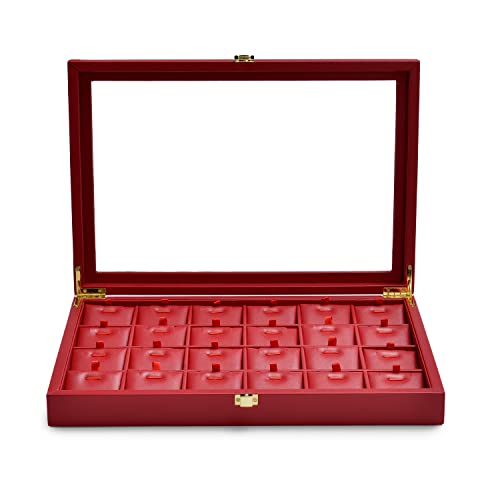 Oirlv Luxury Leather Necklace Tray with 24 Grid Removable Jewelry Cards Jewelry Organizer Box with Transparent Acrylic Lid Necklace Pendant Display Case - color: Red, size: 24 Grid for necklace