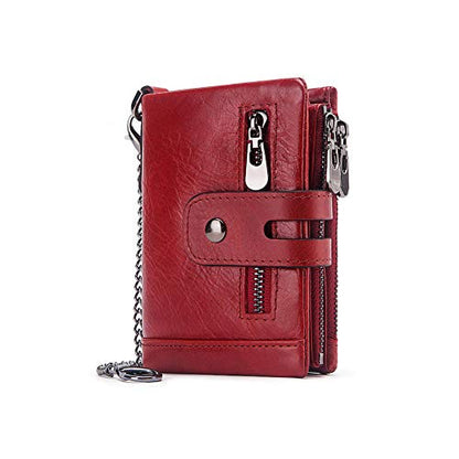 Genuine Leather Bifold Chain Wallet for Men RFID Blocking | Heavy Duty Steel Anti-Theft Chain & 2 Zipper Coin Purse. Perfect for Bikers, Daily Commute, Gift for Dad/Husband - color: Red-2