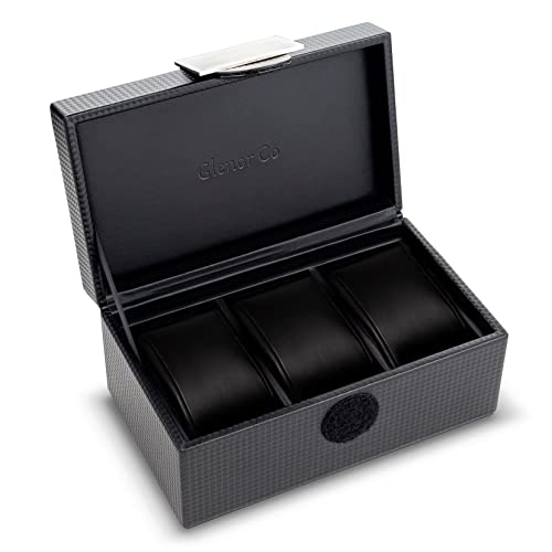 Glenor Co Travel Watch Case - 3 Slot Watch Box, Carbon Fiber Design for Mens Watches, Men's Watch Holder Boasts Metal Buckle, Secured Velcro Closure & Leather Pillows, Small for Traveling - Black - color: Black, size: 3 Slot