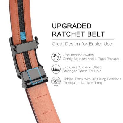 SENDEFN Men's Leather Belt - Automatic Ratchet Slide Buckle, Easy Trim-to-Fit Function, Packaged with Gift Box - color: Light Brown