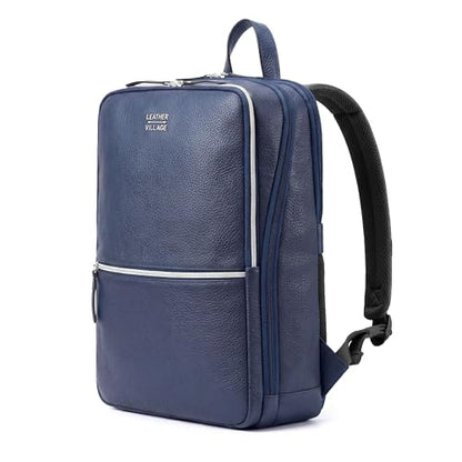LEATHER VILLAGE Leather Laptop Backpack for Men with Trolley Strap 16L Blue | Water-Repellent, Slim Professional Business Bag Fits 2 Laptops up to 15.6", Tablets or Files, Work & Travel Daypack - color: Blue