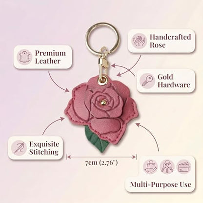 Leather Fruit and Flower Keychain Charm, Cute Double Sided PU Fruit Bag Pendant with Ring for Women - color: Dark Red Rose