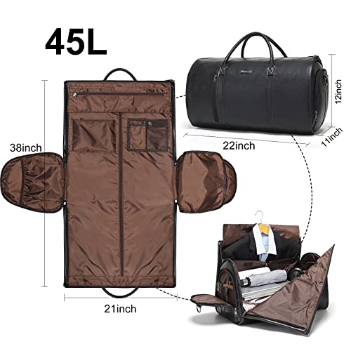 Garment Bags for Travel, 45L Carry-On Convertible Duffle with Strap | 2-in-1 hanging suit bag converts to duffel, shoe compartment, waterproof PU leather, wrinkle-free, detachable strap - color: C-Black