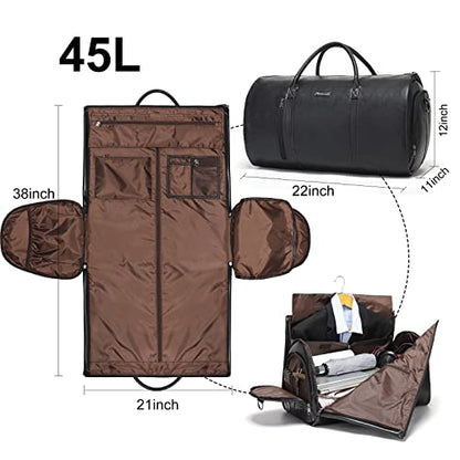 Garment Bags for Travel, 45L Carry-On Convertible Duffle with Strap | 2-in-1 hanging suit bag converts to duffel, shoe compartment, waterproof PU leather, wrinkle-free, detachable strap - color: C-Black
